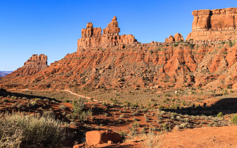 The morning sun on the Rudolph and Santa Claus formation in Valley of the Gods