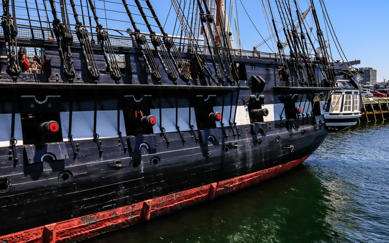 Cannon and cannon ports on the side of The USS Constitution in Boston NHP