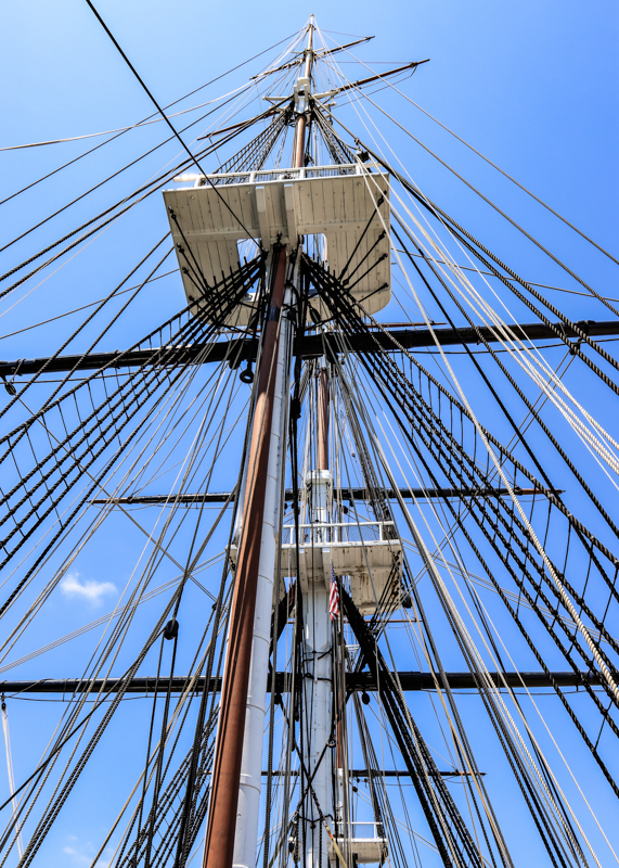 Looking up at the masts of The USS Constitution in Boston NHP