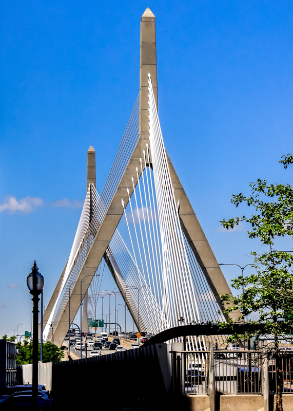 View of the Leonard P. Zakim Bunker Hill Memorial Bridge across the Charles River in Boston