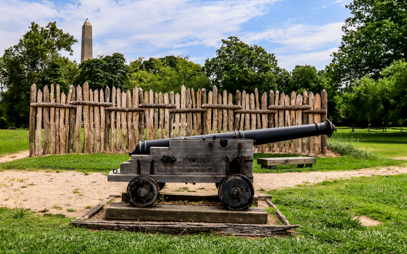 Cannon, James Fort wall and the Tercentennial Monument at Jamestown in Colonial NHP