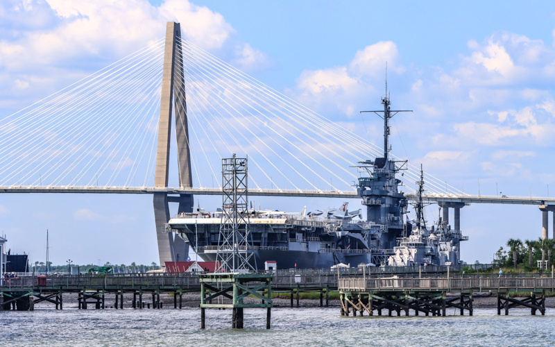 Arthur Ravenel Jr Bridge with the USS Yorktown in the foreground near Charleston South Carolina