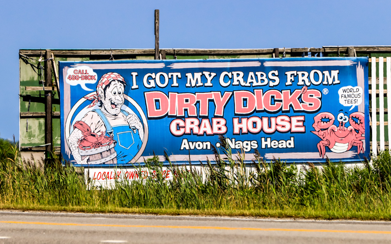 Dirty Dicks roadside billboard on Roanoke Island in North Carolina