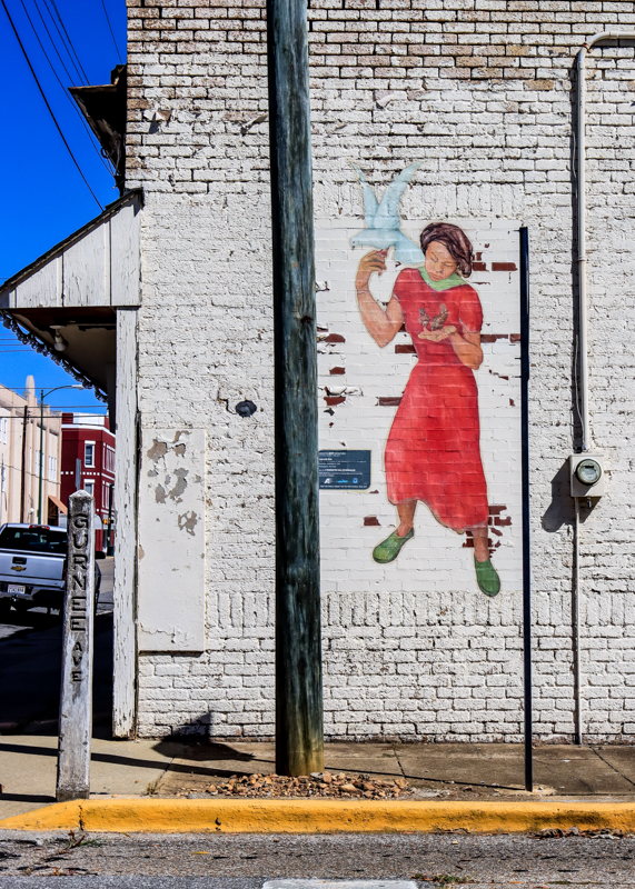 Lady with Birds mural on a building on Gurnee Avenue in Anniston Alabama