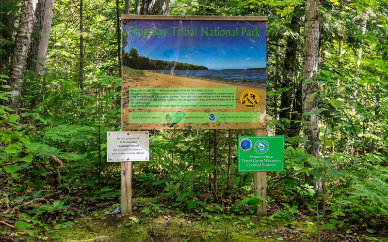 Frog Bay Tribal National Park welcome sign in Frog Bay Tribal NP