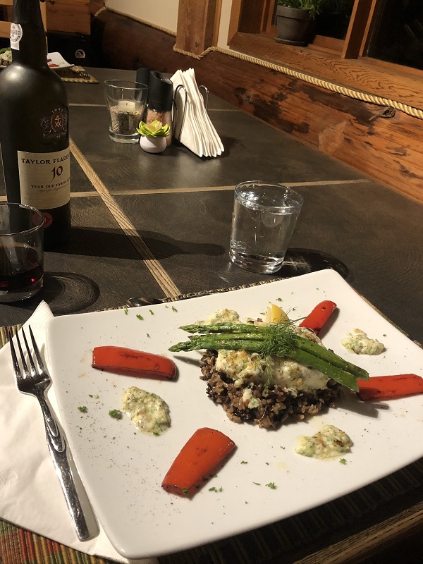 Missys Fresh Caught Halibut on Risotto with Asparagus and Herbs  from the Garden