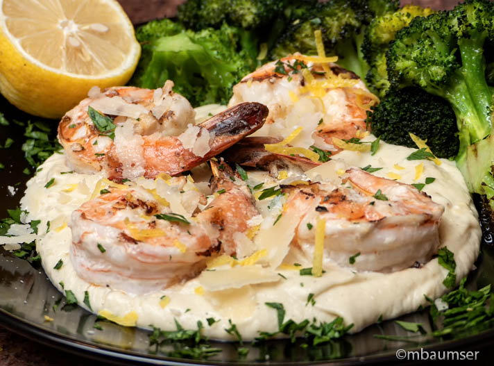 Grilled Garlic Parmigiana Shrimp on a bed of Pureed Cauliflower w/ Roasted Broccoli   (*Kens Creamy Caesar Dressing) 