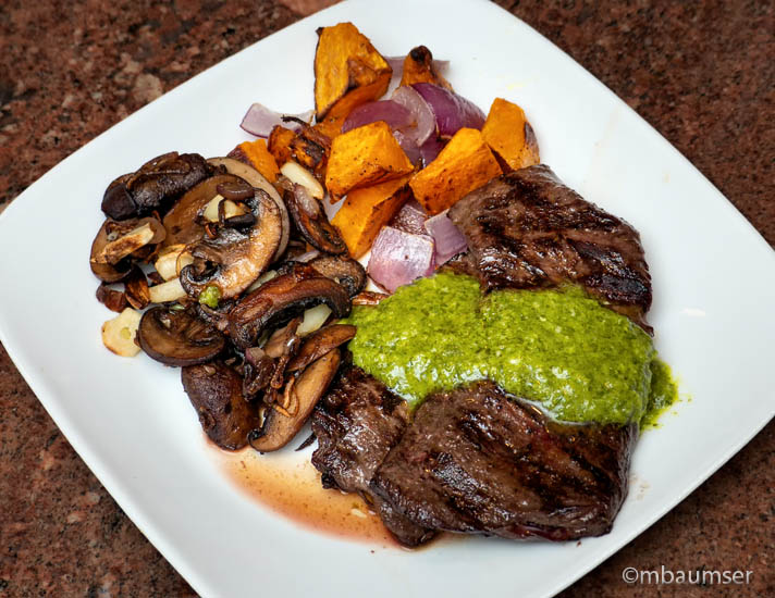 Grilled Skirt Steak with Chimichurri Sauce, Roasted Butternut Squash, Sauted Mushrooms