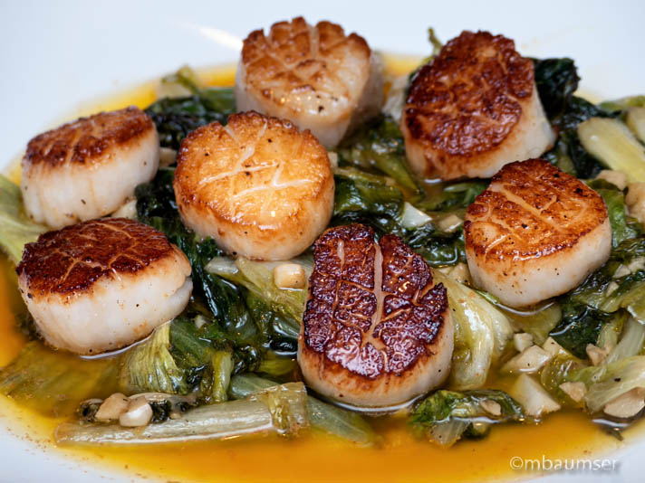 Pan Seared Scallops over Sauted Escarole with Brown Butter Lemon Sauce 