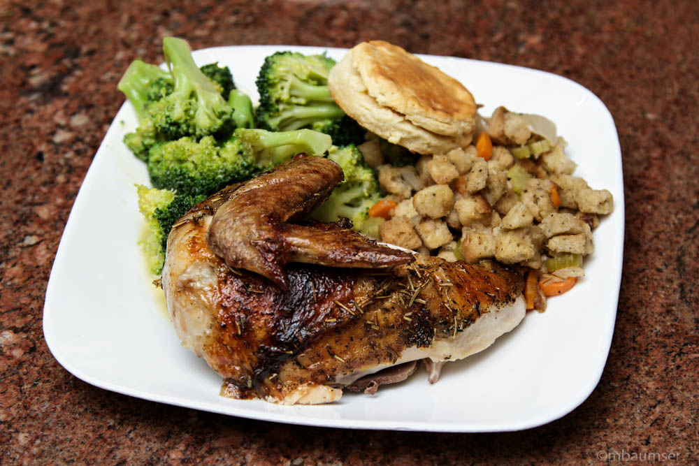 Herb Crusted Rotisserie Chicken, stuffing, Steamed Broccoli and Buttermilk Biscuits