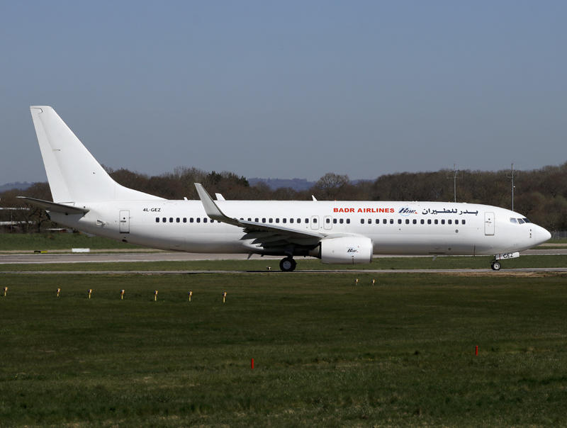 BADR Airlines of Sudan, departs Gatwick 08R, leased from Geo Sky Airlines of Georgia in a
non-std livery.