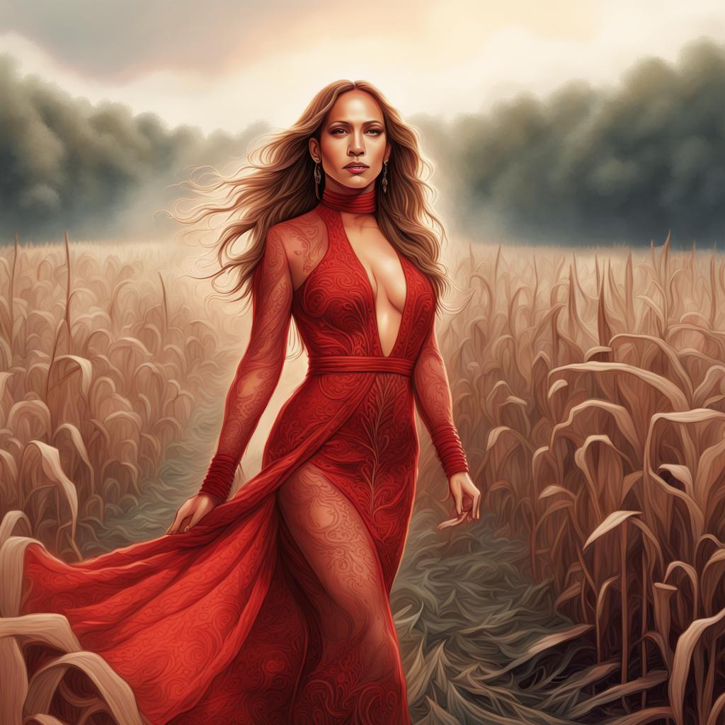 Jennifer Lopez in a sensual printed red dress standing in a cornfield 6.jpg