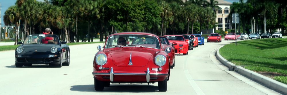 Procession of Porsches at PCAs 2019 Porsche Parade, Boca Raton, Florida, photo of rear-view mirror (4462)