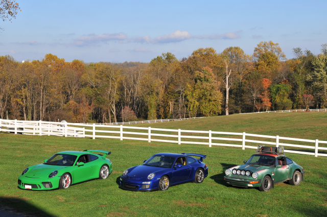 From left, 2018 Porsche 911 GT3, 2010 911 GT3, 1985 Safari 911 Carrera (8649)