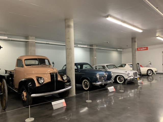 Left to right, 1947 Studebaker M15 pickup, 1951 Studebaker coupe, early 1960s Studebaker coupe (5379)