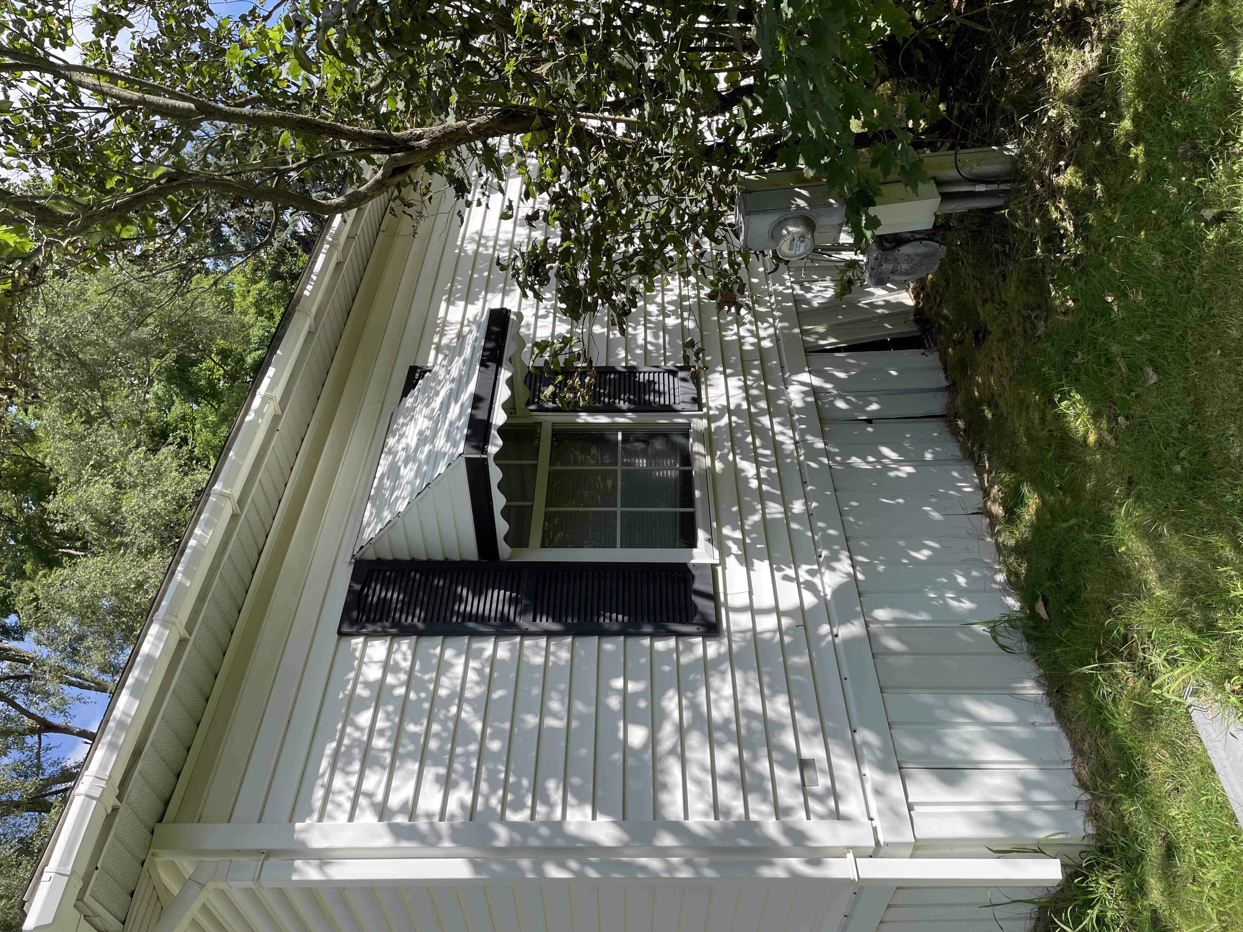 Window of second bedroom with huge lilac tree outside.  This side faces the neighboring mobile home.