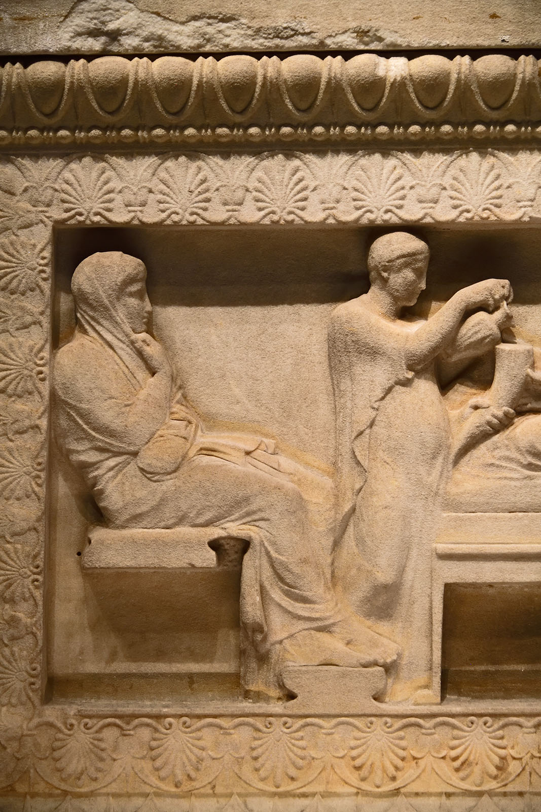 Istanbul Archaeological Museum Satrap Sarcophagus Short side Satrap banqueting with wife 4017.jpg