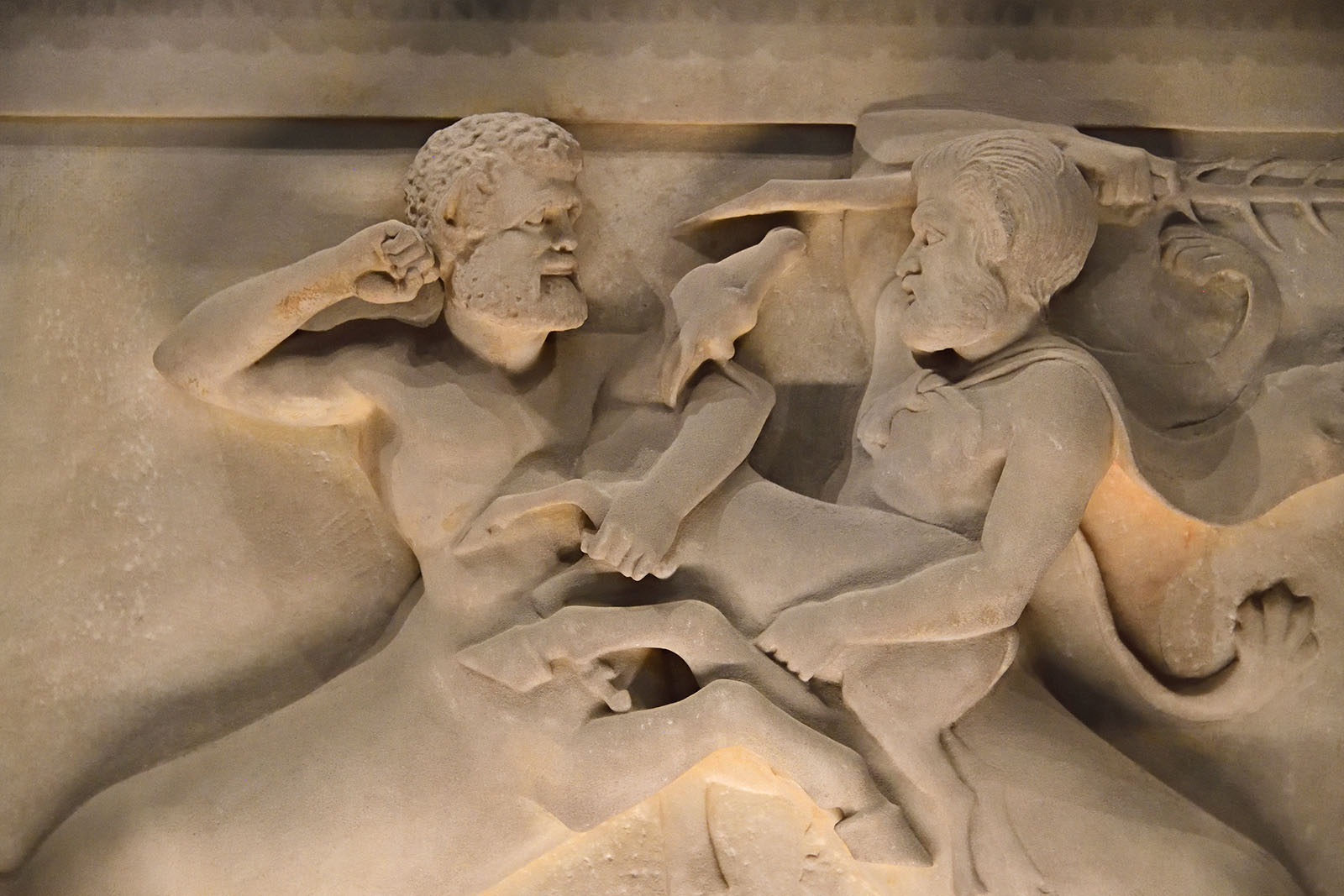 Istanbul Archaeological Museum Lycian sarcophagus Short side with Two centaurs fighting over a deer 4006.jpg