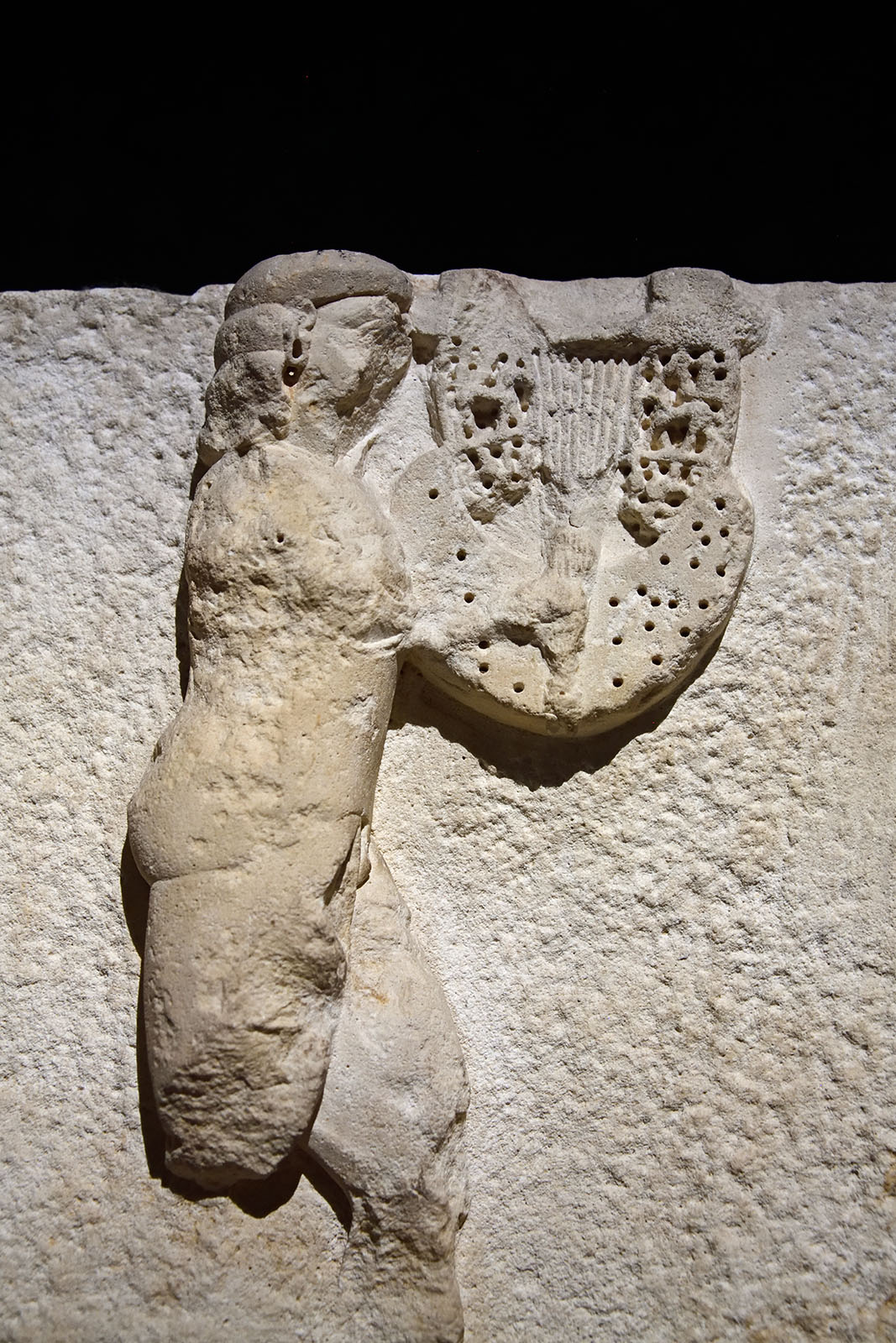Istanbul Archaeology Museum detail Wrestlers, musicians Late 6th C BCE Xanthos 3591.jpg