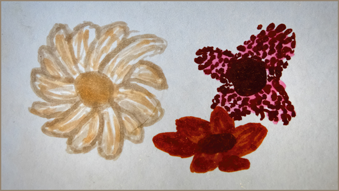 Three Flowers, Rainy Day Pen Drawing, Maisie