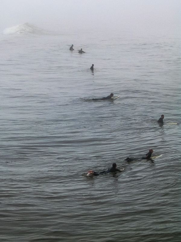 Surfing in early morning fog.