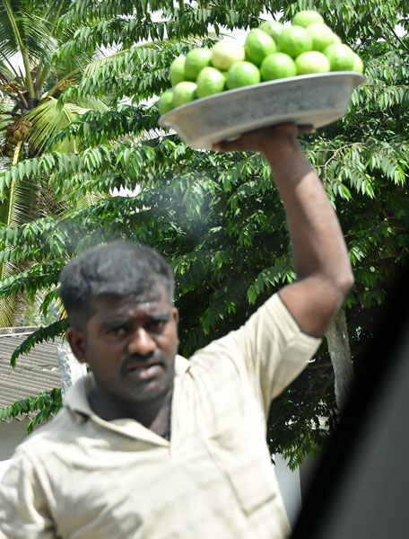 Fruit vendor weaving through traffic - India-2-1191hcr