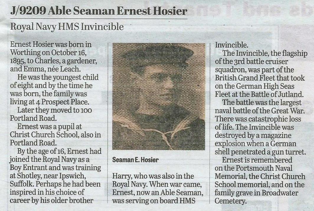 1911 - ERNEST HOSIER, J9209, A GANGES BOY WHO DIED AT JUTLAND, DETAILS WITH PHOTO ON THE IMAGE..jpg