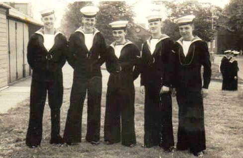 1960, AUGUST - VINCE CASHMORE, ANSON 24 MESS, BECKETT, COLLINS, HANSON, JOCK JOHNSON [CTB] AND MYSELF WITH BOSUN'S CALL.