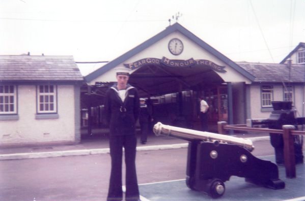 1976, 8TH JUNE - PETER FULLARTON, AFTER LAST PASSING OUT PARADE AT GANGES, MYSELF ON QUARTERDECK..jpg
