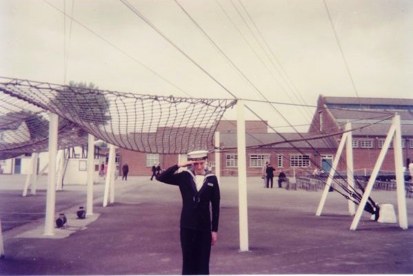 1976, 8TH JUNE - PETER FULLARTON, AFTER LAST PASSING OUT PARADE AT GANGES, MYSELF UNDER THE SAFETY NET..jpg