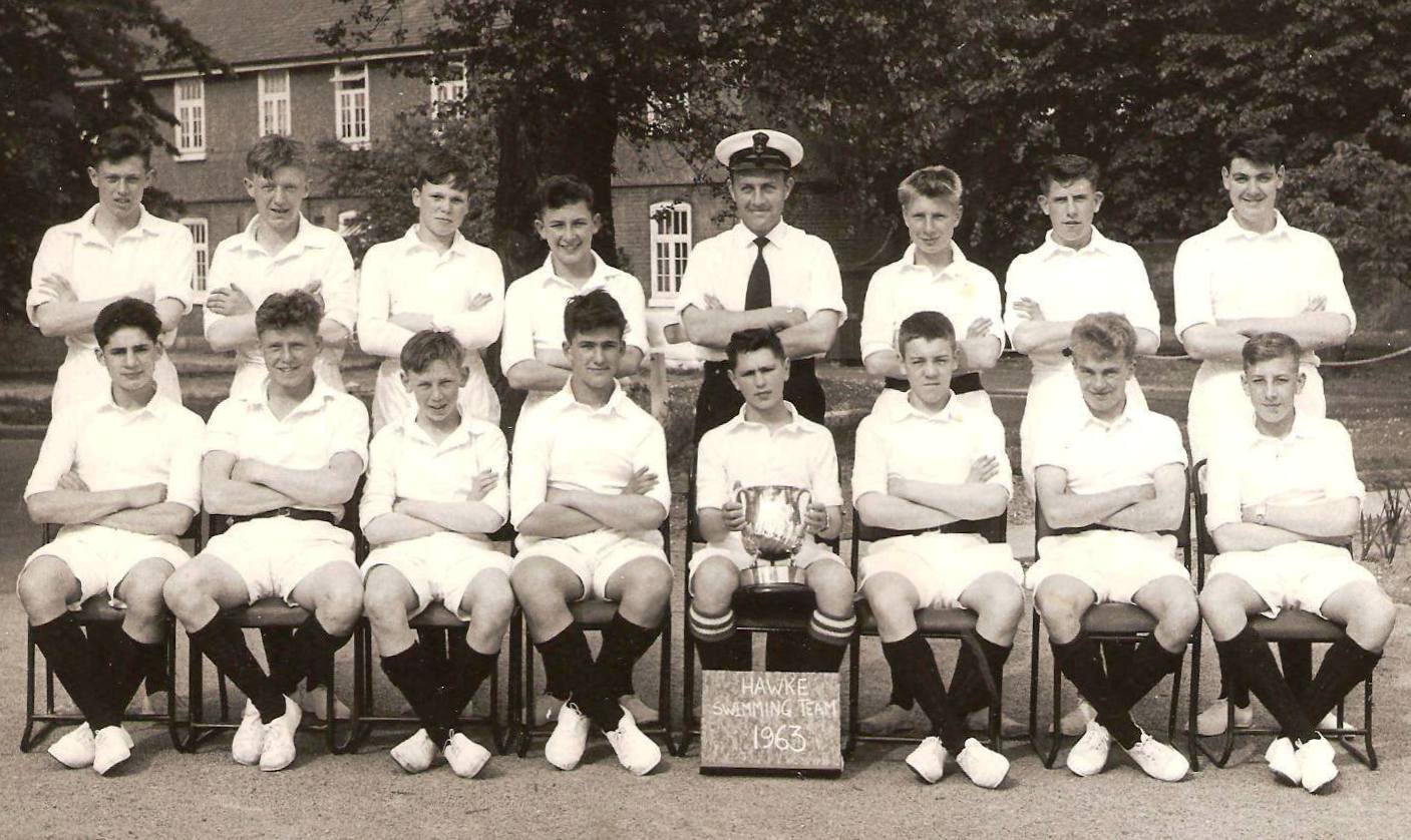 1962, JULY - TERRY WATERSON, HAWKE, 1963 SWIMMING TEAM, P.O. NEWING, IAN SLEE IS HOLDING THE CUP..jpg