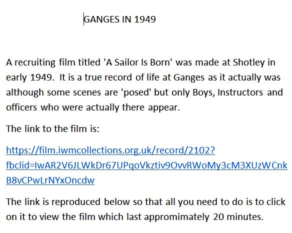 1949 - DAVID RYE, AN INTERNET LINK TO 'A SAILOR IS BORN' A RECRUITING FILM MADE AT HMS GANGES
