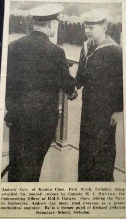 1969 - ANDY COLE, RECEIVING FOOTBALL COLOURS FROM CAPT. BUTTON. FROM THE SWINDON ADVERTISER..jpg