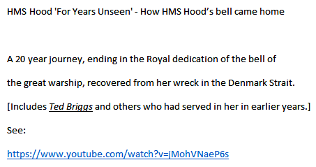 1941, 24TH MAY - JIM WORLDING, RECOVERY  AND DISPLAY OF HMS HOOD'S BELL. LINK BELOW IMAGE