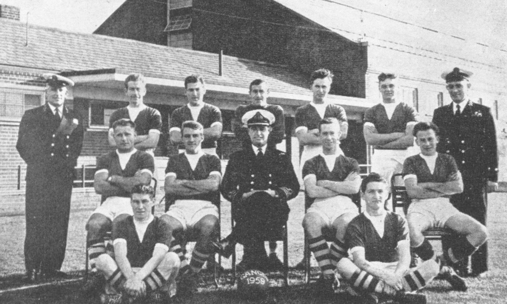 1959 - FROM SHOTLEY MAGAZINE, SHIPS COMPANY FOOTBALL TEAM, BEAT IPSWICH POLICE 11-1, CPO KEN MASLIN ON RIGHT IN UNIFORM