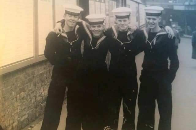 1962, 15TH JULY - ALAN MILLAR, EXMOUTH, 261 CLASS, FOUR OF US AT KINGS CROSS, GOING ON LEAVE FROM GANGES.jpg