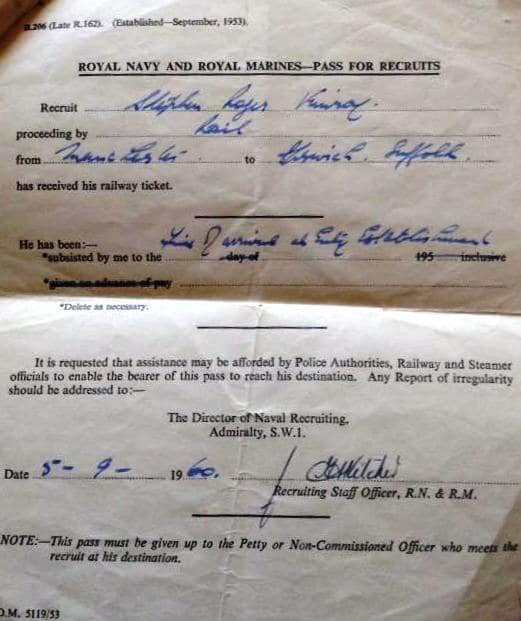 1960, 6TH SEPTEMBER - STEVE KINROY, HAWKE, 49 MESS, 261 CLASS, TRAVEL PASS.jpg