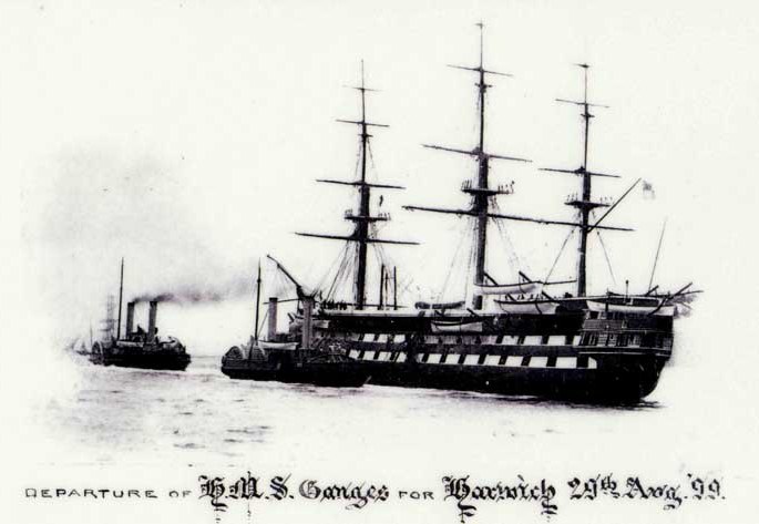 1899, 29TH AUGUST - DICKIE DOYLE, HMS GANGES UNDER TOW LEAVING MYLOR FOR HARWICH.jpg