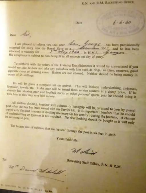 1960, 3RD MAY - GEORGE MITCHELL, DRAKE, 60 CLASS, PROVISIONAL ACCEPTANCE LETTER FROM RECRUITING OFFICE.jpg