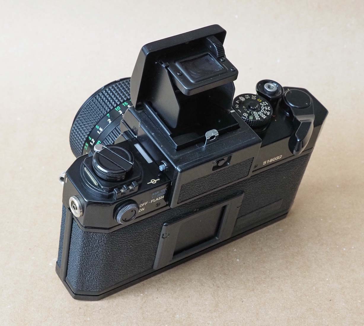 The original Canon F1 (1971); with the waist level view accessory. 