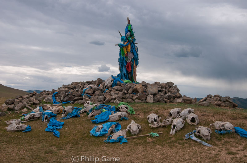 A shamanistic ovoo cairn overlooking Kharkhorin and the Orkhon Valley