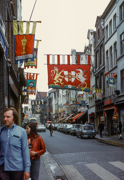 Banners displayed in historic Bruges for the reenactment of a medieval tournament, Belgium, 1974
