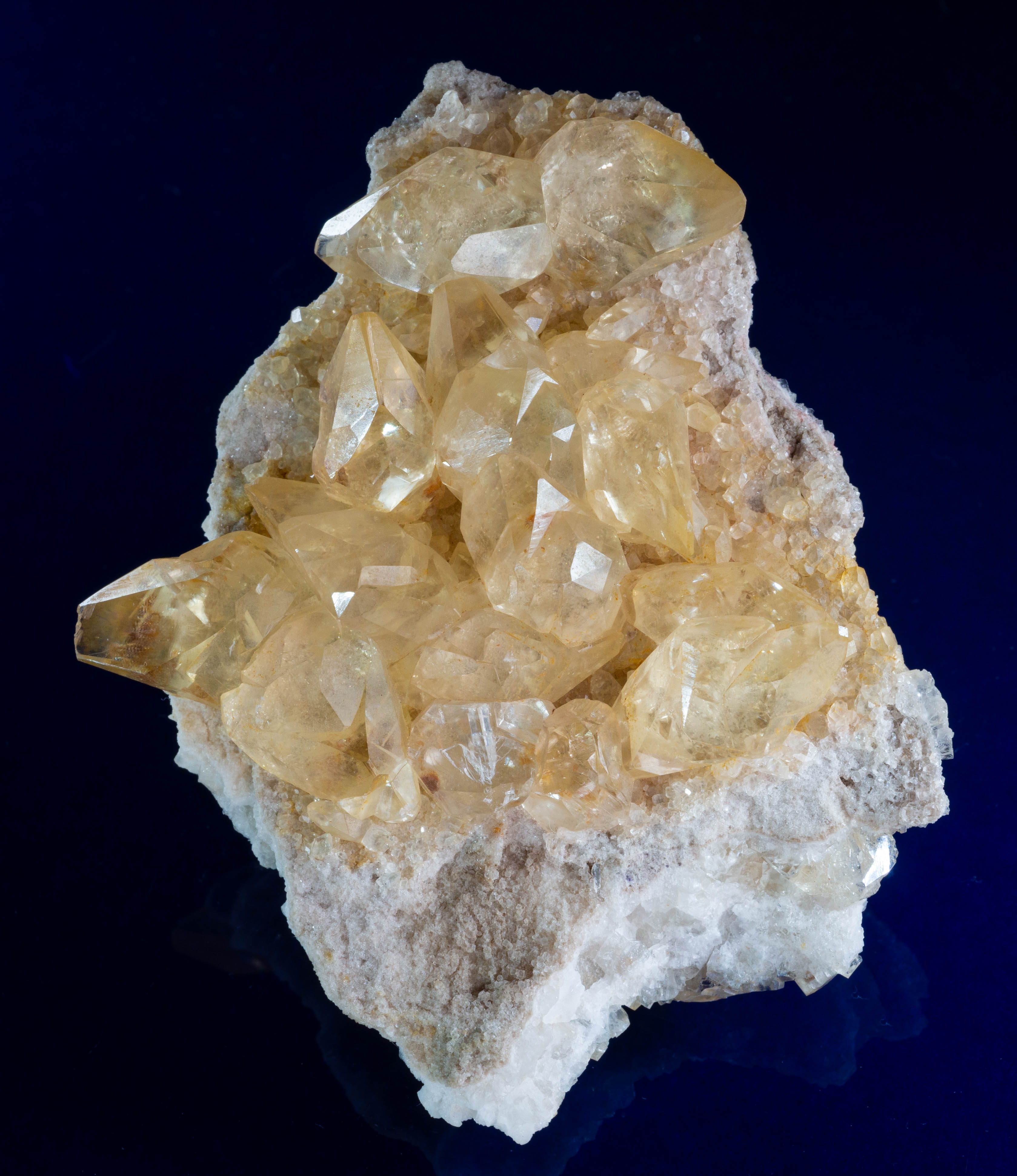 Beautiful honey-coloured gemmy calcite twins on matrix. Ladywash Mine, Eyam, 81 mm x 66 mm x 24 mm