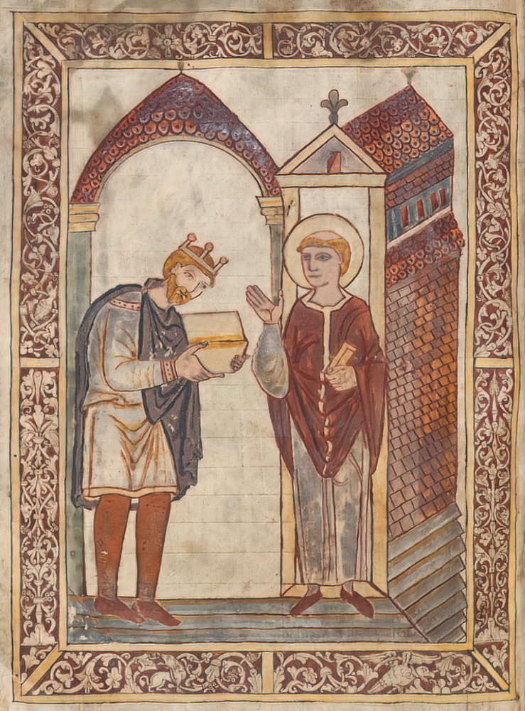 Aethelstan presents a book at St Cuthberts shrine in 934. Aged pigment colour digitally restored in Aethelstans face