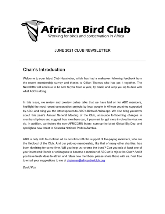 African Bird Club Newsletter June 2021. This picture was published: