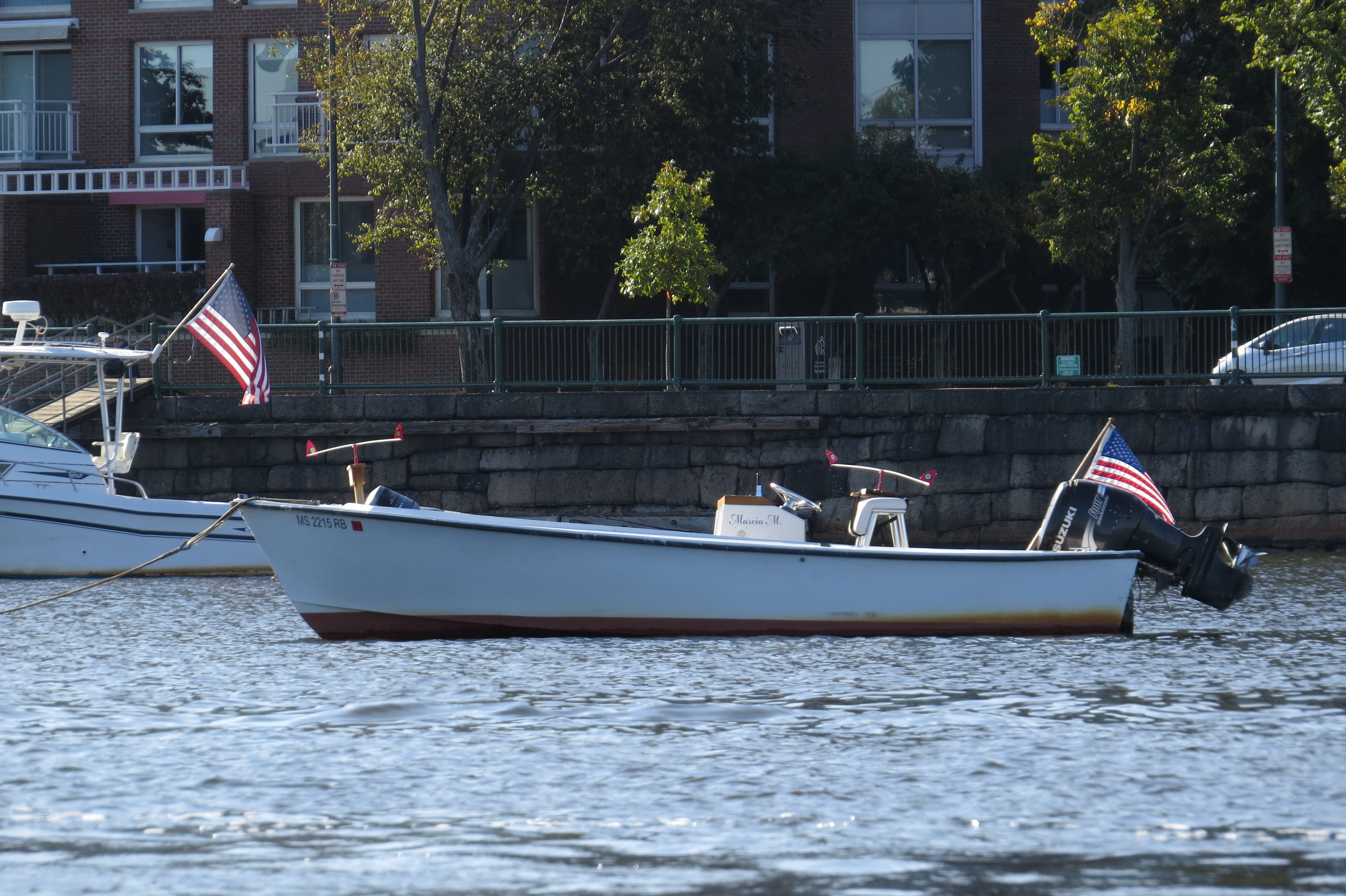 Boston harbor boats with flags