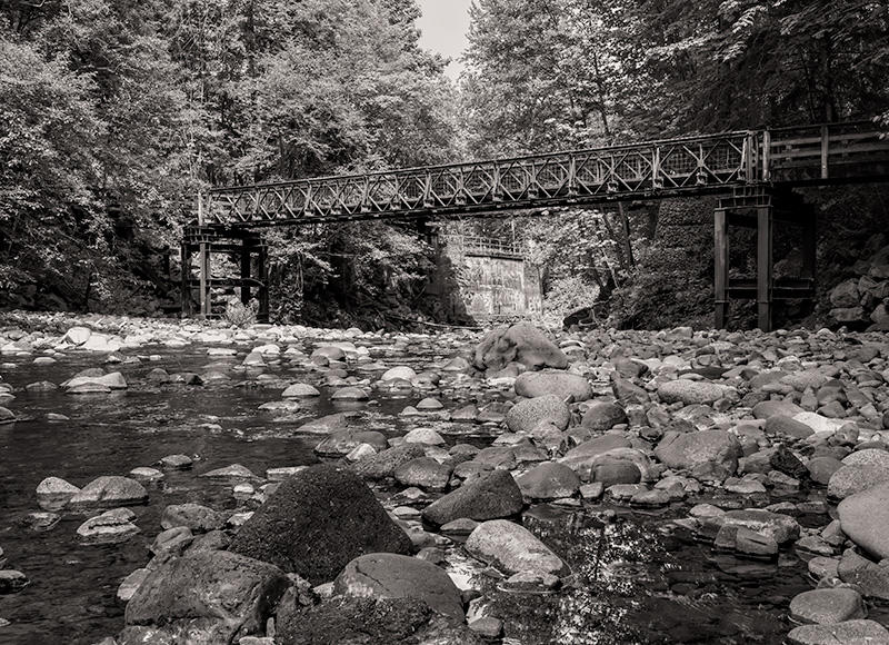 <br>Derek Rundell <br>2023 Summer Challenge <br>June: Black & White-Barnes or Bridges <br>Nanaimo River Footbridge