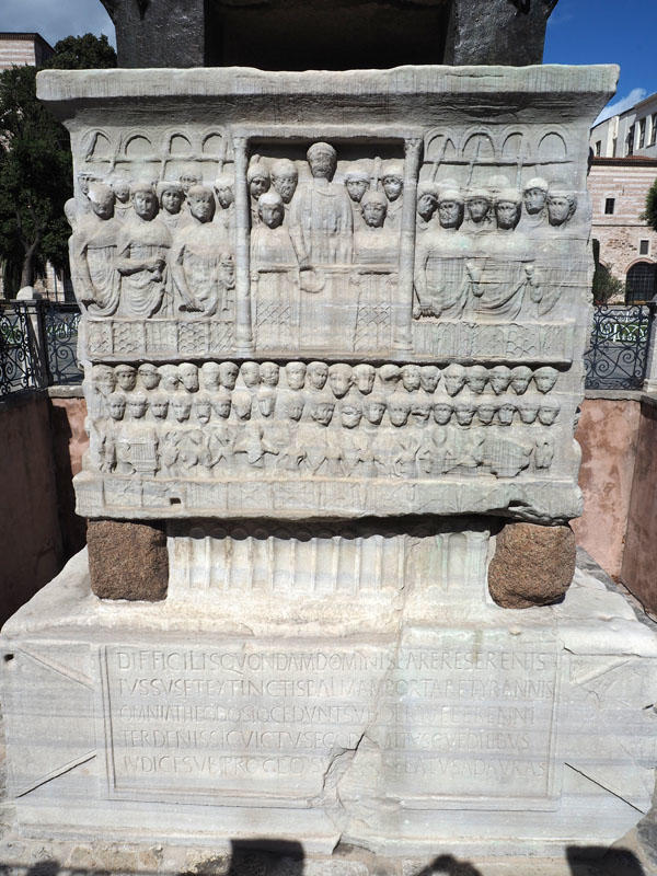 At the base of the obelisk in the Hippodrome