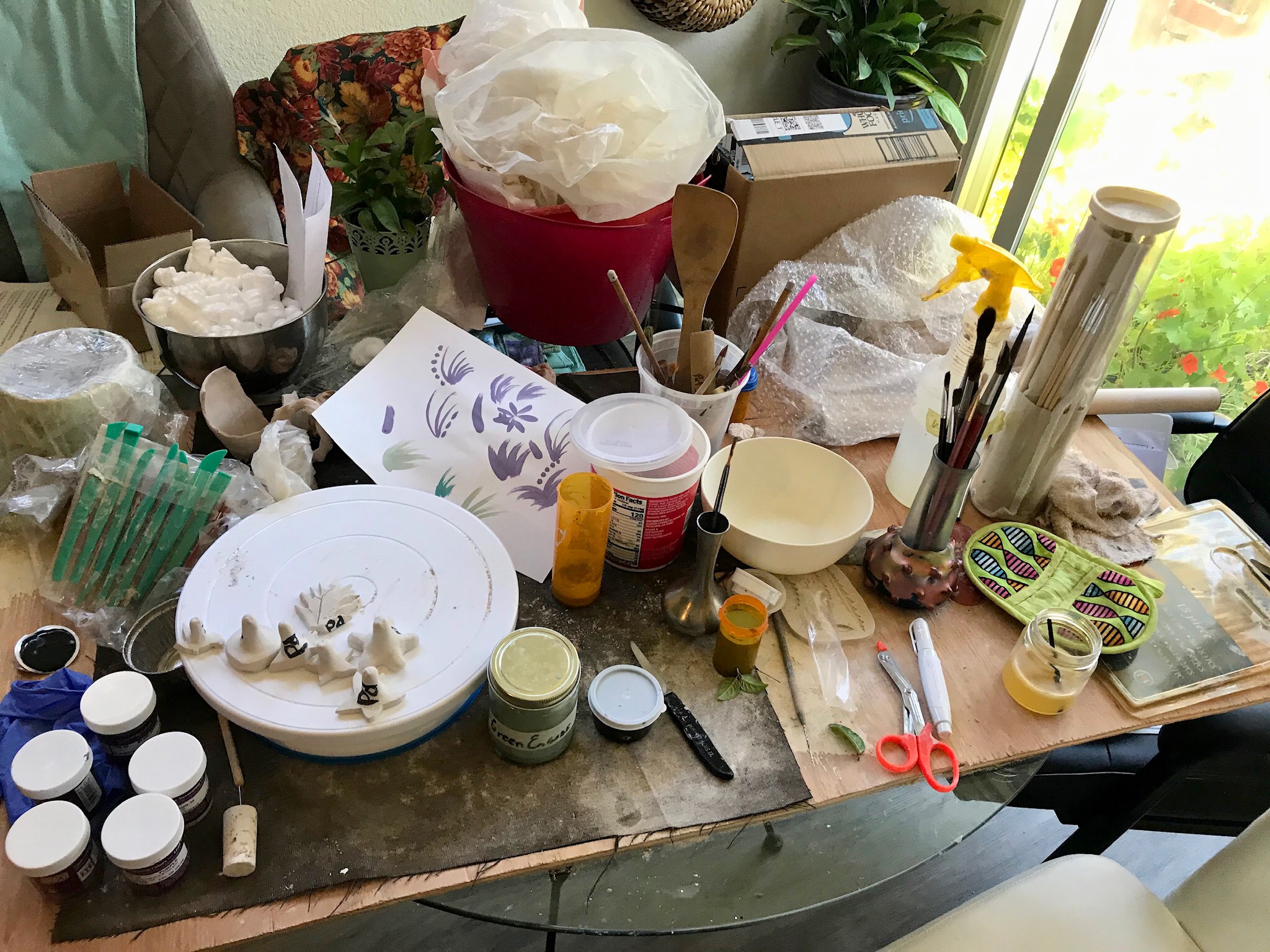 kitchen table converted to ceramics studio