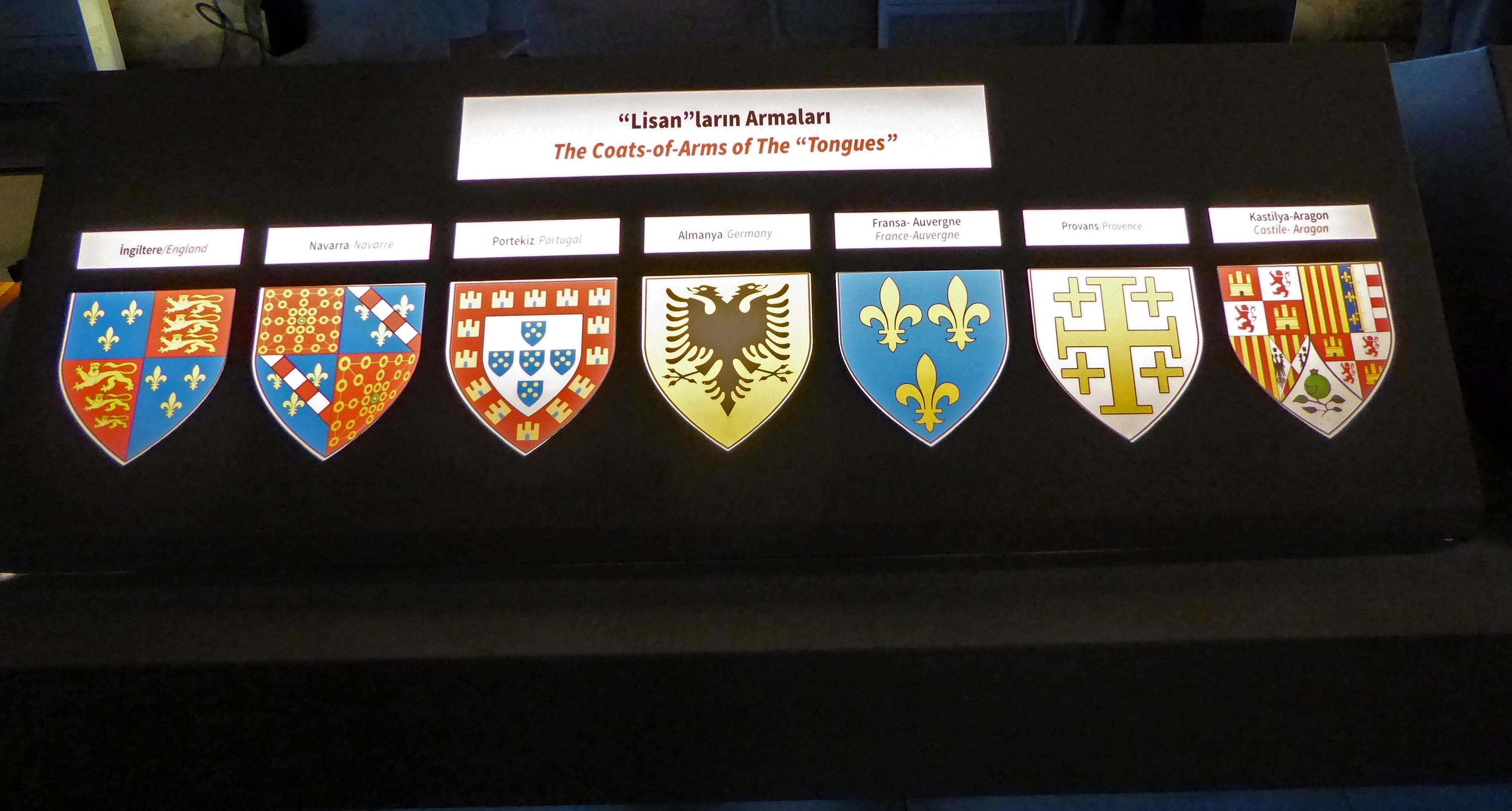 Coats of arms of each the seven ethno-linguistic divisions of the Knights of St. John